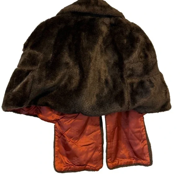 Vintage Faux Fur Capelet Jacket Brown Shawl Collar Bell Sleeves - Picture 2 of 7